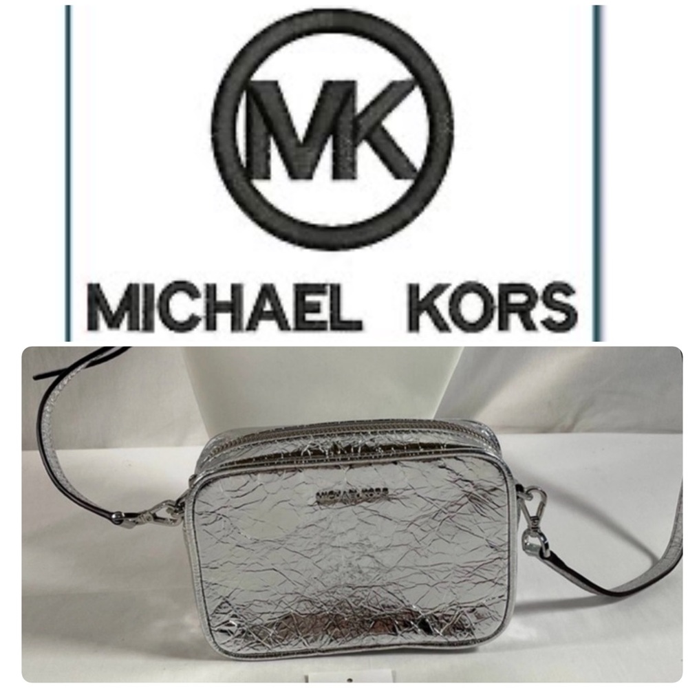 ‼️WOW Michael Kors MK Silver Crinkled METALLIC Patent Leather EW Crossbody Bag‼️